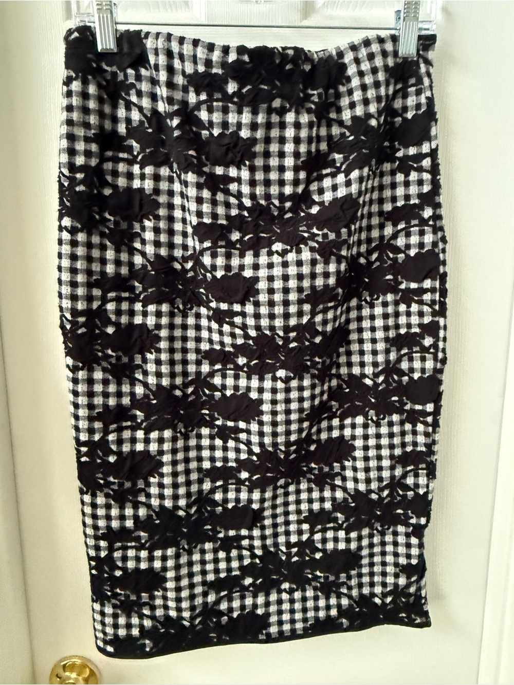 Black & White Gingham Pencil Skirt with Black Floral Lace Overlay